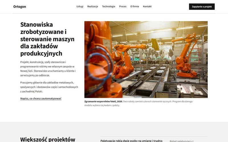 Pierwszy ekran przykładowej strony: automatyka przemysłowa i robotyka
