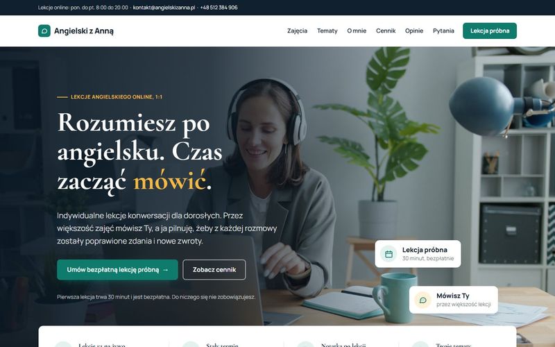Pierwszy ekran przykładowej strony: lekcje angielskiego online